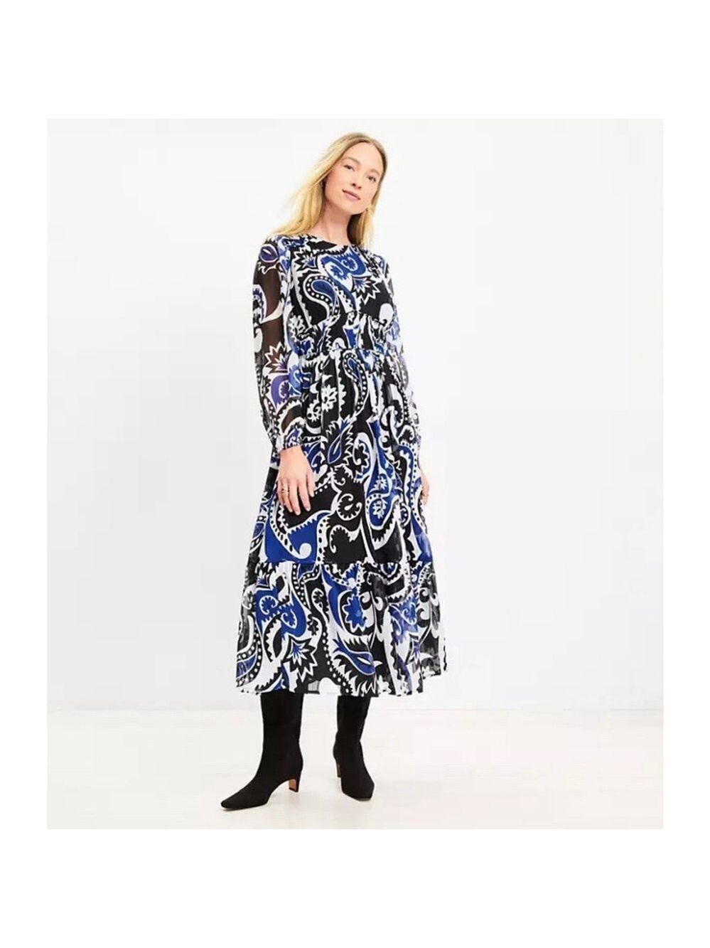 Loft Paisley Shirred Flounce Long Sleeve Midi Dress Tiered Blue White Size 8